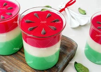 طرز تهیه فرنی بستنی سه رنگ؛ با طرح هندوانه برای شب یلدا